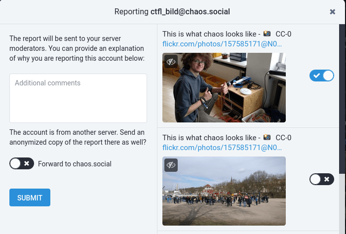 报告模块允许选择被报告嘟文、添加注释和是否转发报告