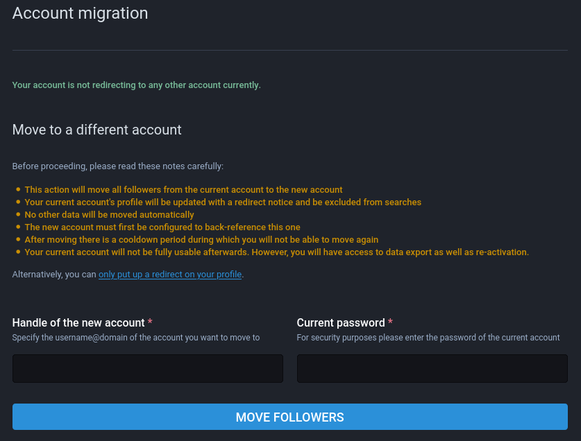 帐户迁移设置页面