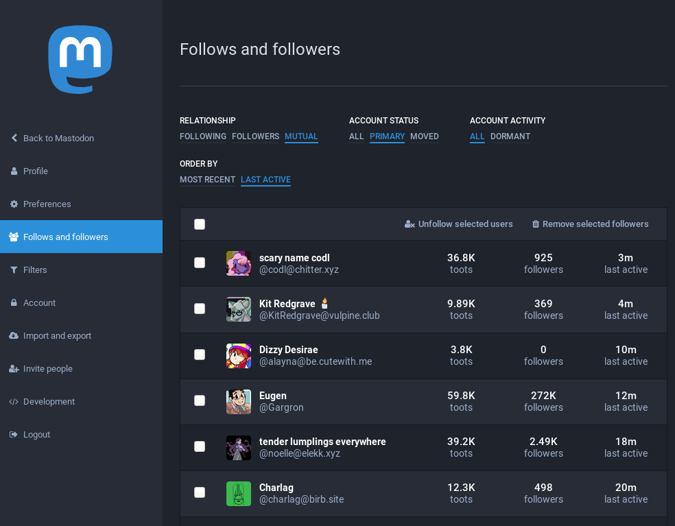 所有与你互相关注并且没有启用迁移功能的用户，按最后一次活动时间排序