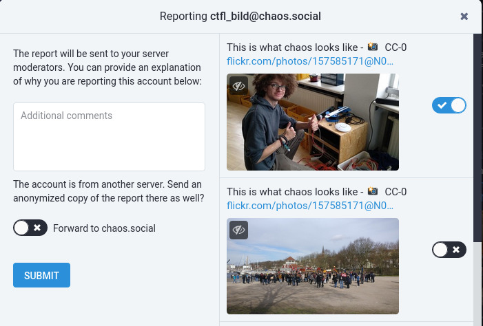 The report modal allows selecting example statuses, adding a note, and forwarding reports.
